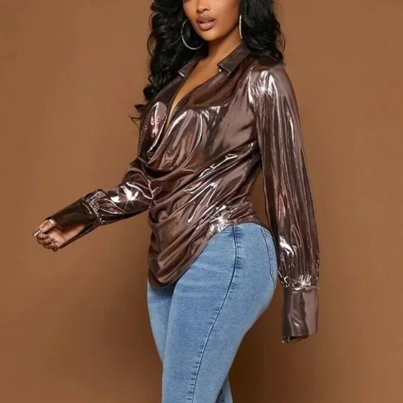 Draped cowl neck with Collar Metallic Blouse top bronze pink - Picture 3 of 6